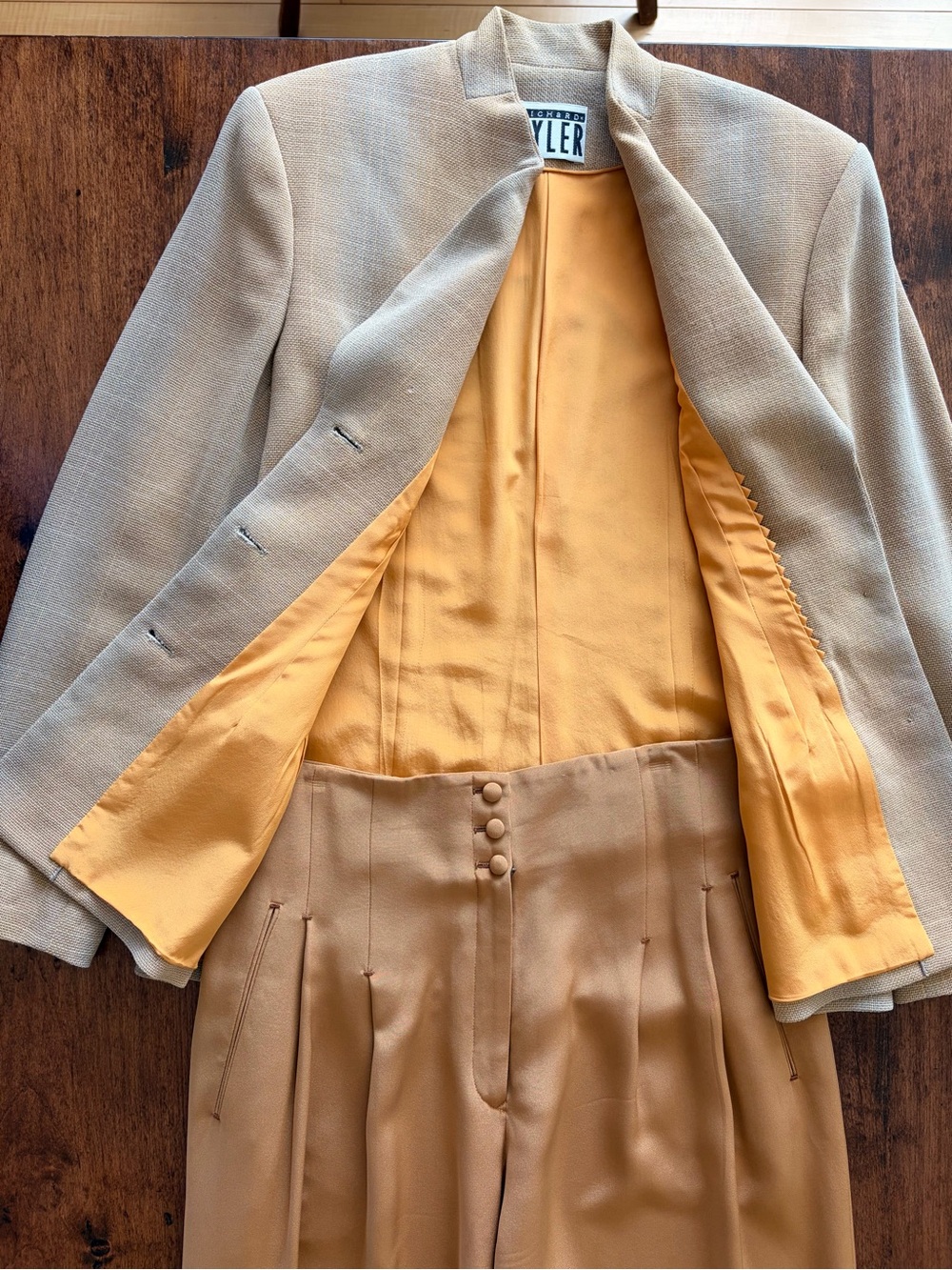 Vintage Richard Tyler high-waisted, wide leg pant in golden mustard silk satin